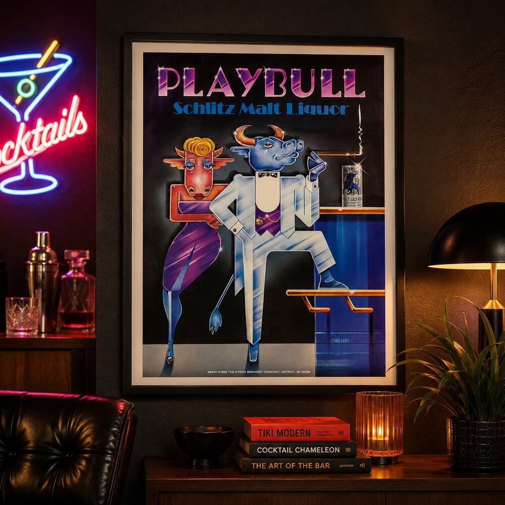 1983 Playbull Schlitz Malt Liquor Poster Chris Hain Stroh Brewery Advertising
